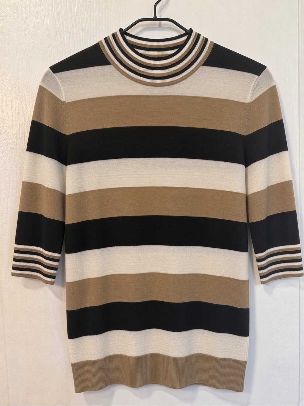 Hugo Boss Striped Cowl-Neck Sweater in Black, Cream & Tan